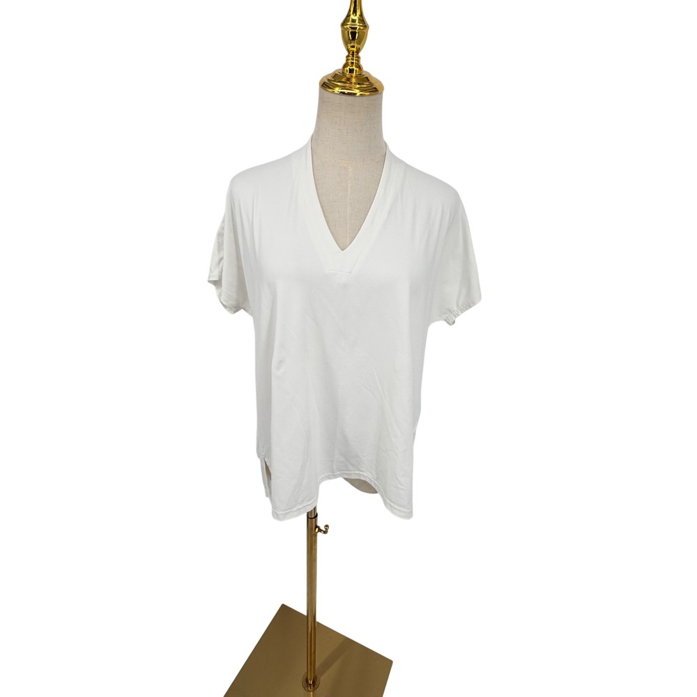 Sympli V-Neck Top Womens 10 White Short Sleeve Relaxed Fit Jersey Side Slit